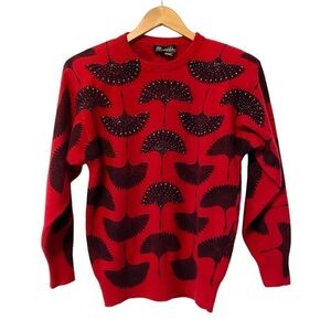 Vintage Red Angora Sweater Womens Small Embellished Beaded‎ Lambswool Bird Crane